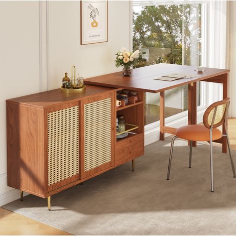 Table haute pivotante 360° 107x40x71,4 cm marron en MDF avec rangement et porte en rotin (1/5)
