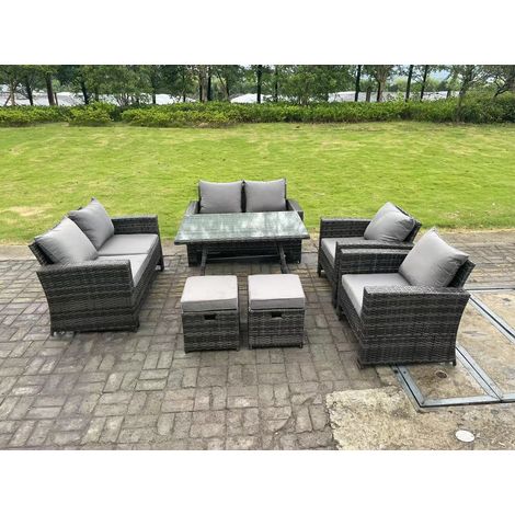 Fimous 8 Seater Outdoor Dark Grey Mixed High Back Rattan Sofa Dining Table Set Garden Furniture Love Sofa Chair 2Stools (1/5)