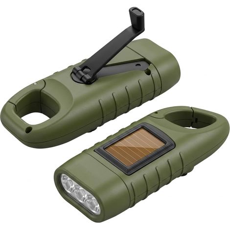 Lampe Torche Solaire Dynamo Rechargeable 2 Pièces, Lampe de Poche Manivelle LED sans Pile avec Mousqueton, Matériel de Survie Étanche pour Camping Randonnée Urgence Panne, Vert