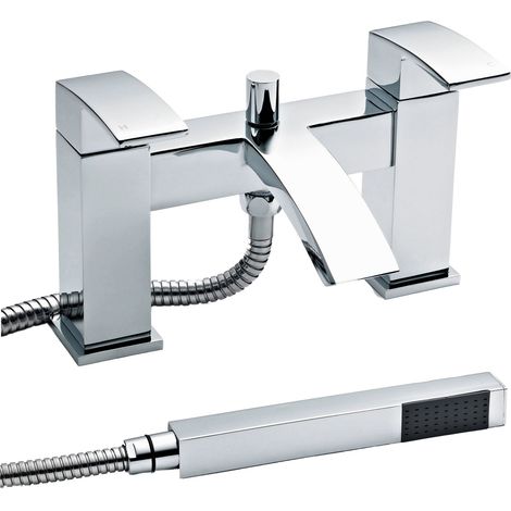 Square Deck Mounted Bath Shower Mixer Tap & Shower Kit - Chrome