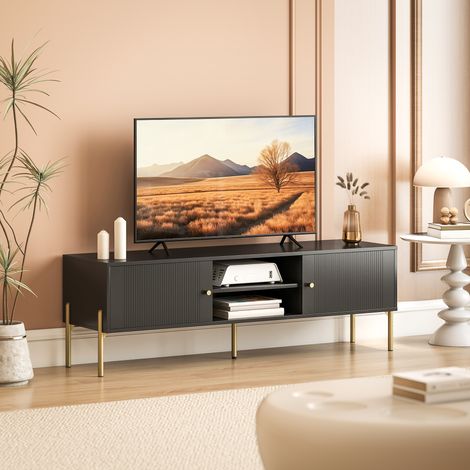 Meuble TV pour Télévision jusqu'à 65", Portes Cannelées, Compartiments Ouverts, Pieds Acier, 140 x 38 x 45,9 cm, Noir (1/5)