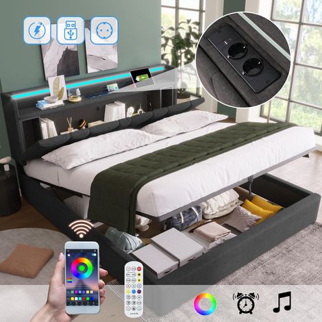 Lit double capitonné avec fonction de chargement USB, tête de lit avec rangement et éclairage LED, lit double 140x190cm, cadre de lit avec rangement, sommier à lattes en bois (1/5)
