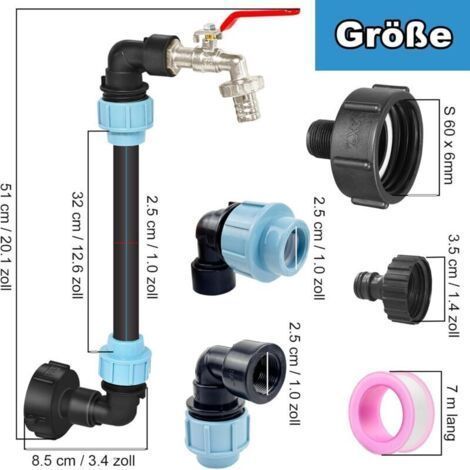Robinet Cuve 1000L, Raccord Cuve 1000 litres, Robinet IBC Col de Cygne de Cuve, Adaptateur de Réservoir IBC Adaptateur Cuve S60x6, Filetage Grossier 3/4'' Raccord Cuve IBC Robinet Kit (1/3)