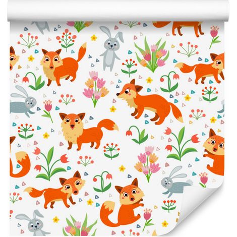 Papel pintado de zorros y conejos para salón y dormitorio, 50x1000 cm. (1/5)