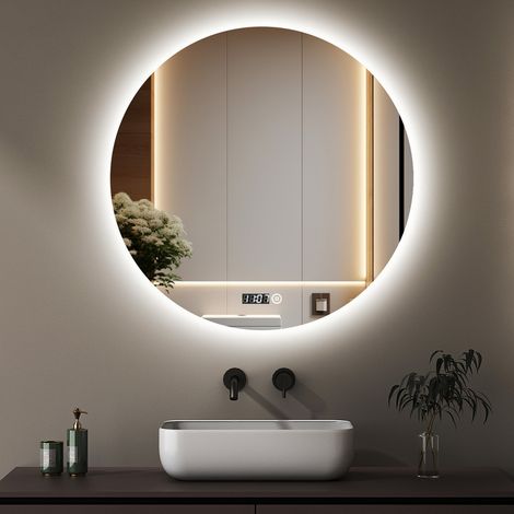 Boromal Badspiegel mit Beleuchtung Runder Spiegel mit Uhr 70x70cm LED Spiegel Rund Spiegel mit Beleuchtung Badezimmerspiegel Rund mit Beleuchtung Wandspiegel Rund mit 3 Lichtfarbe Dimmbar + Uhr (1/5)