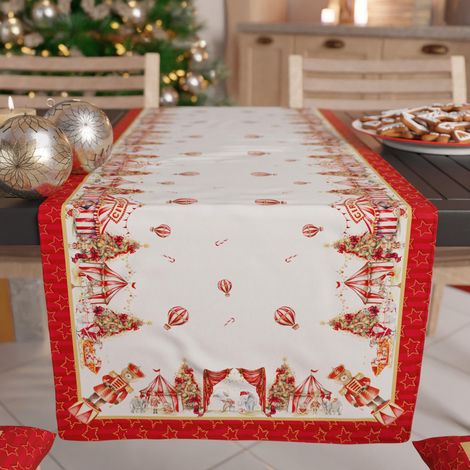 Chemin de Table de Noël 140x40 cm en Microfibre Anallergique, Élégant et Lavable, Décoration Festive pour Salon et Cuisine, Motif 'Cirque', 100% Fabriqué en Italie