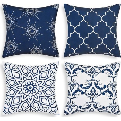 Lot de 4 taies d'oreiller décoratives, géométriques, polyester, bleu/blanc, 45x45cm