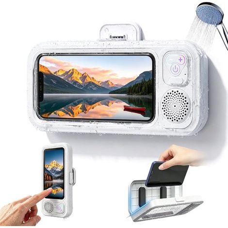 Enceinte Bluetooth étanche pour salle de bain avec support pour téléphone - résistante aux éclaboussures, commandes tactiles - blanche (1/5)