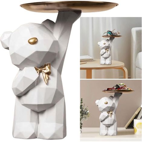 Plateau Clé Entrée Sculpture Ours en Résine, Organisateur Porte Clé, Rangement Bijoux, Statue Ours avec Bol, Accessoires B-blanc (1/5)