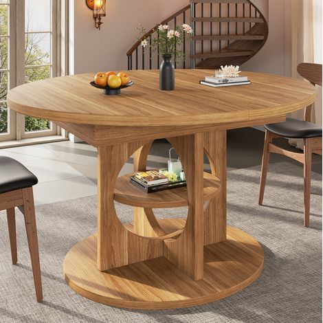 MODFU – Tavolo allungabile 110-150x110x76 cm in MDF/metallo rotondo o ovale con vano contenitore, carico 60 kg – Effetto legno (1/5)
