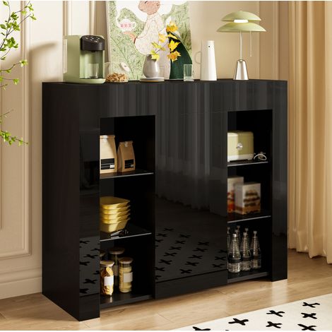 Buffet moderne 95x35x83 cm noir en panneau de particules avec façade brillante et étagères en verre (1/5)