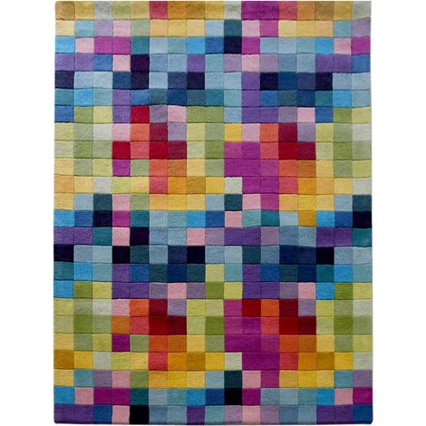 Tapis salon et chambre en laine 80x150 multicolore fait main motif damier AXEL (1/5)
