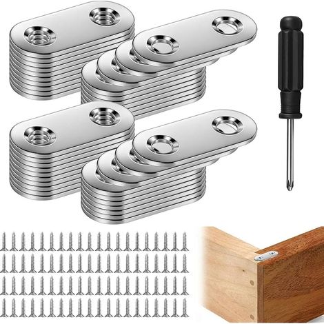 Lot de 40 connecteurs plats en acier inoxydable argenté avec vis - 16 x 36 mm - Connecteur en métal avec tournevis pour chaises, tables, meubles (1/5)