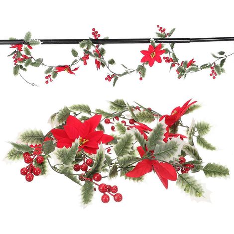 Guirlande artificielle en rotin rouge à fleurs rouges pour décoration de sapin de Noël (1 pièce) (1/5)