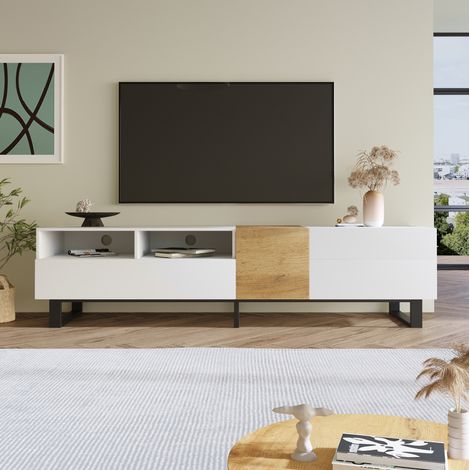 Meuble tv rangement 180 cm bois blanc 2 tiroirs HAVRYA (1/5)