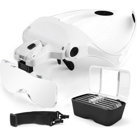 Lunette Loupe avec 2 LED Loupe Eclairante Frontale pour Lecture,Tous Les Travaux de récision,Réparations,Couture,Bijoux,Montres et Artisanat - 5 Lentilles Détachables (1.0X à 3.5X) (1/5)