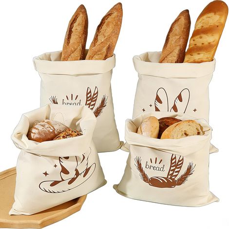 4 Pièces Sacs à Pain en Lin, Bread Bag Réutilisables, 38x31 cm Sac à Pain avec Cordon de Serrage Sac de Stockage de Pain Tissu Naturel,pour Conservation Fraîcheur Baguette Légumes Fruits (1/5)