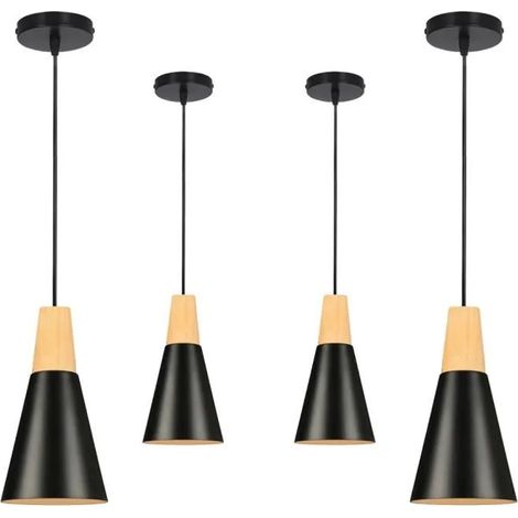 Lot de 4 Lustre Industriel Créatif Noir Suspension Moderne en Métal Bois Lampe de Plafonde Luminaire Vintage Style Norique (1/4)