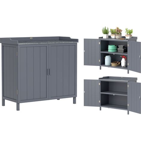 Armoire extérieure en bois avec plateau métallique et 2 étagères de rangement pour outils, 98x48x95.5 cm, gris