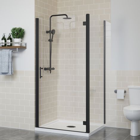 Frameless Hinged Shower Door Enclosure Glass Screen Walk In Cubicle with Side Panel Black 1000x800mm (1/5)