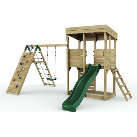 Rebo XL Lookout Tower Playhouse with Single Swing and Climbing Wall plus Slide