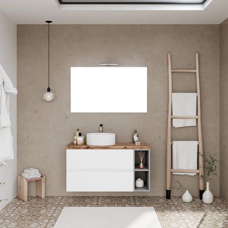 Kiamami Valentina – Meuble de salle de bains suspendu blanc 100 cm – Plateau en chêne – Miroir 100x60 cm – Tiroir supérieur avec découpe siphon