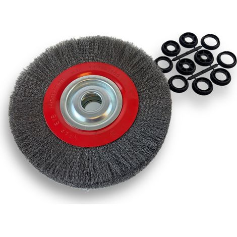 Brosse circulaire ACIER Ø 250 mm Epaisseur 3 rangs Fil souple 0.20 mm ondulé Alésage 32 mm + réducteur bague 25/22/20/16/12 mm Touret meuleuse affûteuse ponceuse Kibros 231253AV