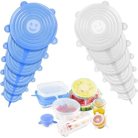 Couvercles extensibles en silicone, couvercle de bol alimentaire durable de différentes tailles,(bleu + blanc) (1/5)