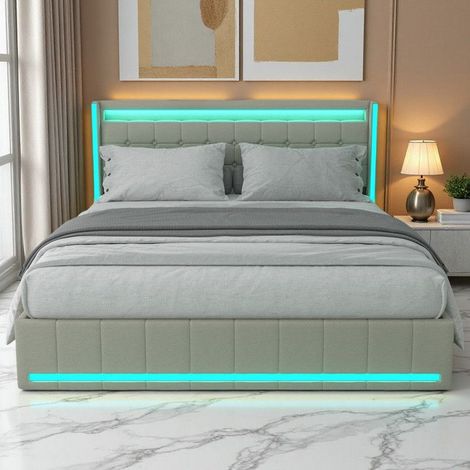 Cama Doble 140x190 - Cama con Cofre y 4 Cajones - LED RGB 6000+ Colores - Tela de Lino Beige Moderna