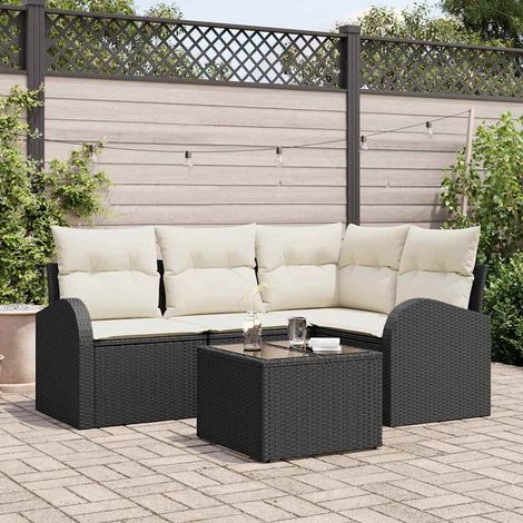 Gartensofa-set mit Kissen 5 pcs Schwarz und Weiß Poly-Rattan