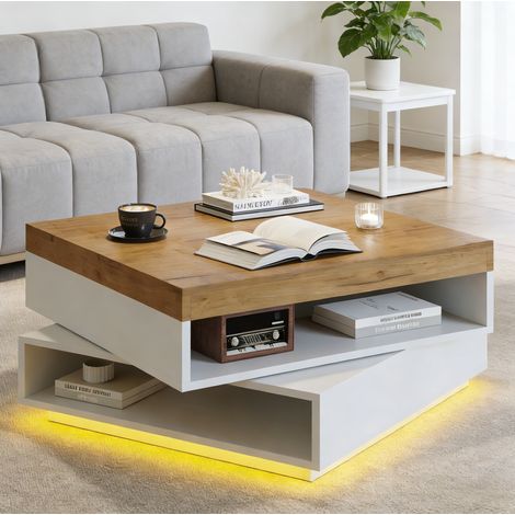 Tavolino basso quadrato 65 x 65 x 40 cm con LED, piano girevole 360°, bianco e legno DESVIAE (1/5)