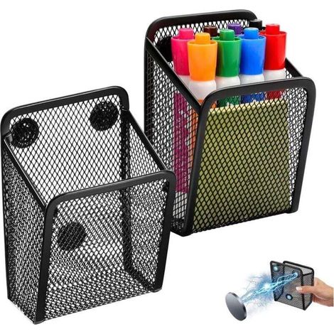 Porte-Stylos Magnetique - Panier En Maille Métallique Noir - Pour Réfrigérateur Bureau Cuisine - Lot De 2 (1/4)