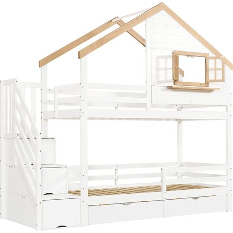 Letto a castello per bambini in legno con scala contenitore e cassetti 90x200 cm bianco naturale (1/5)