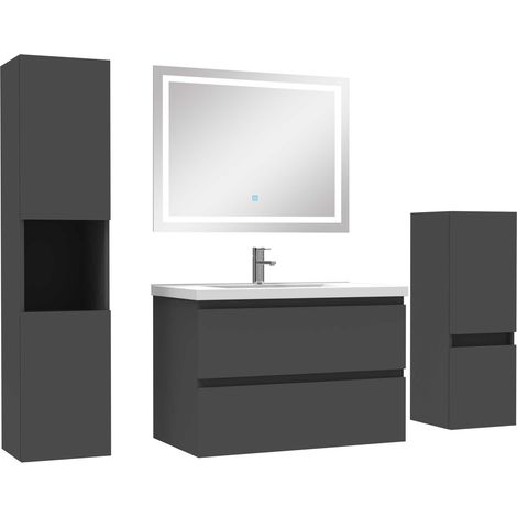 Ensemble meubles Salle de Bain 80cm simple vasque + colonne + miroir LED Anthracite (1/5)