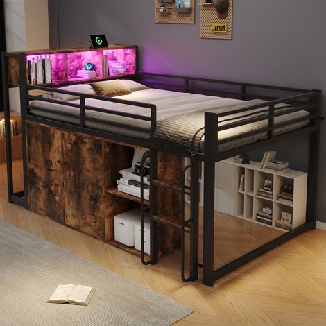 Lit mezzanine 120x200 cm, lit simple en métal noir effet bois, armoire de rangement, étagères ouvertes, LED, prise EU et échelle intégrée (1/5)