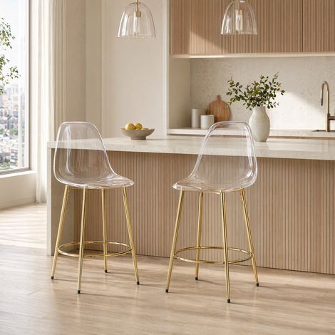 Tabourets de bar transparents lot de 2, hauteur 102 cm, structure métal doré HAVRYA (1/5)