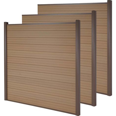 [NEUWERTIG] WPC-Sichtschutz Savoie, Windschutz Zaun, Alu-Pfosten 3er Set, 5,6m teak