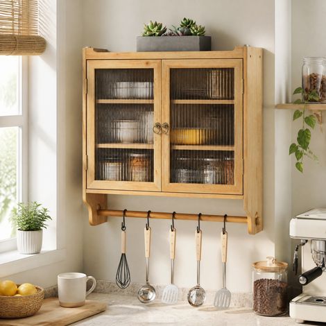 63CM Glass Door Vintage Double Door Wall Cabinet With Three Tiers of Storage With Towel Rack,for Bathroom, Kitchen,,Dining Room,,Original Wood Color (1/5)