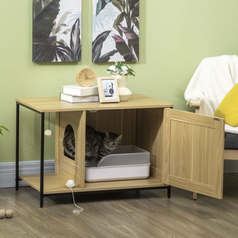 Katzentoilette im Industriestil mit Seiteneingang, Hängekugel und Stahlrahmen in heller Holzoptik