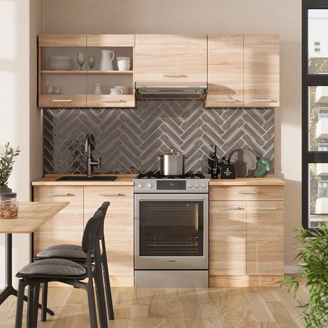 Cucina componibile R-Line, Rovere Sonoma/Goldkraft, 200 cm senza piano di lavoro, Vicco