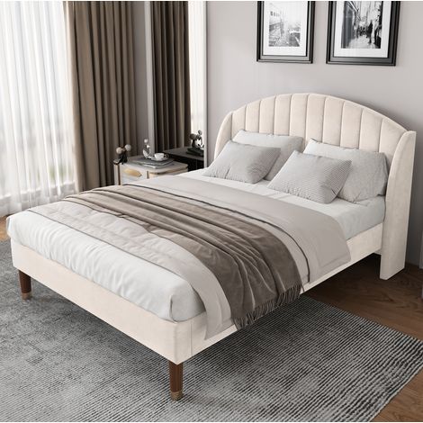 Cama tapizada moderna de terciopelo beige 140x200 cm con cabecero alto y somier de láminas