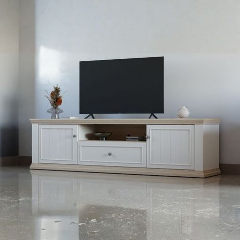 Porta TV Essenza 200 cm Bianco e Rovere con 2 Ante, Cassetto e Vano a giorno – Stile Classico Moderno