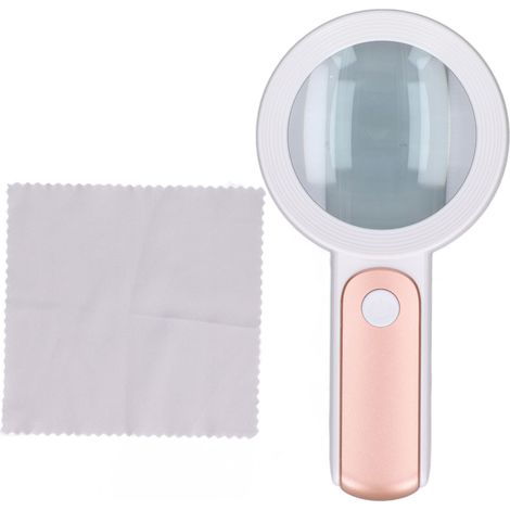 Loupe de lecture portative 30X, verre optique HD ultra-léger, avec lampe LED, couleur or rose et blanc, pour lecture et observation. (1/5)