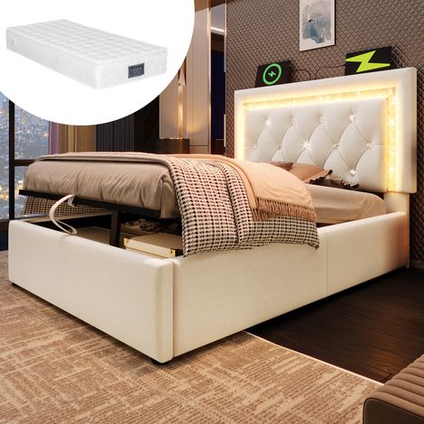 Letto contenitore 90x200 cm in velluto beige con illuminazione a LED, porta USB/Type-C, rete a doghe e materasso inclusi. (1/5)