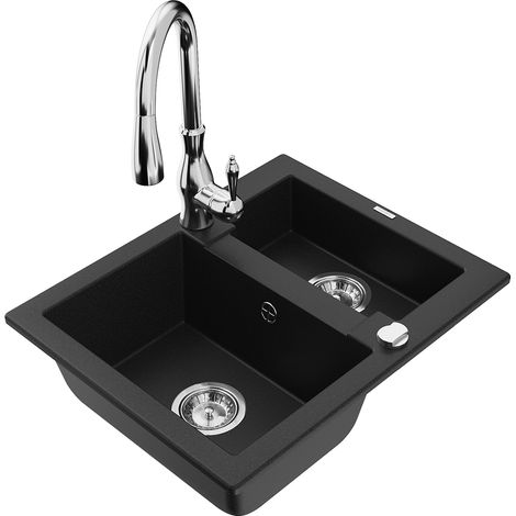 Mexen Carlos fregadero de granito de 1,5 tazones con grifo de cocina Savita, negro - 6518-77-672601-00 (1/5)