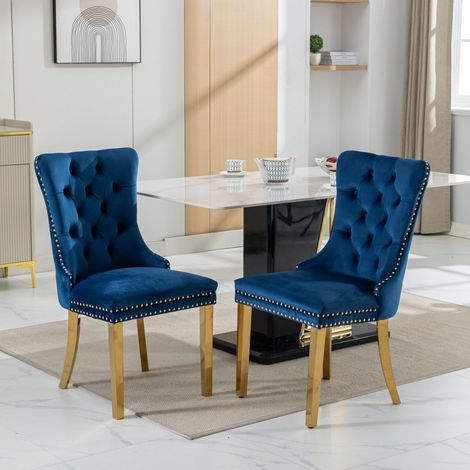 Lot de 2 chaises velours bleu, piètement inox doré, clous décoratifs, modernes et élégantes (1/5)