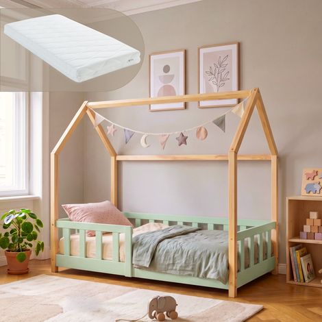 Hausbett Hesel mit Matratze und Rausfallschutz 70x140 cm Mintgrün/Natur [en.casa] (1/5)