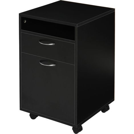 Caisson de bureau rangement bureau sur roulettes tiroir placard niche panneaux particules noir (1/5)