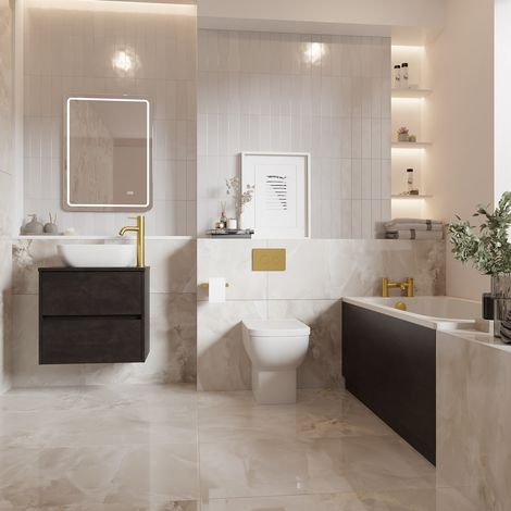 Alford 1400mm Steel Straight Single Ended Bathroom Suite including Brushed Brass Flush Plate Back to Wall Toilet and Metallic Slate Vanity Unit with Countertop Basin (1/5)