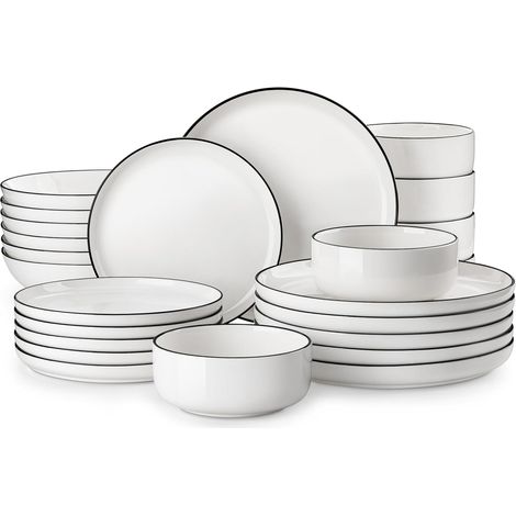Série LUNA Service de Vaisselle Rond Porcelaine Assiettes Plates Salade Creuses Bols Service de Table Blanche Bord Noir (1/5)